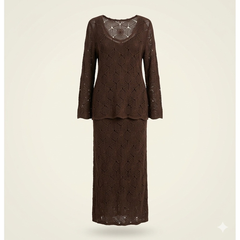 Easy Spirit Crochet Open Knit‎ Brown Maxi Skirt Matching Set Rayon 2 Boho Chic